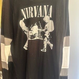 Free People Black Nirvana Graphic Long Sleeve Tee with Gray and Cream Stripes